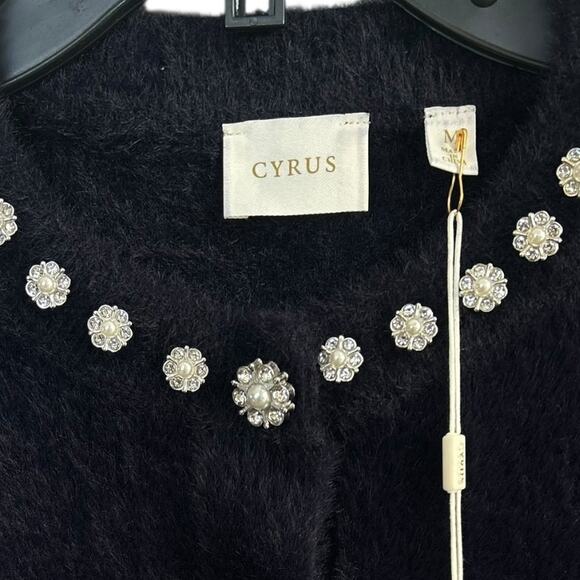 Cyrus Navy Fuzzy Embellished Rhinestone Button Cardigan Sweater Medium NWT - Picture 6 of 6